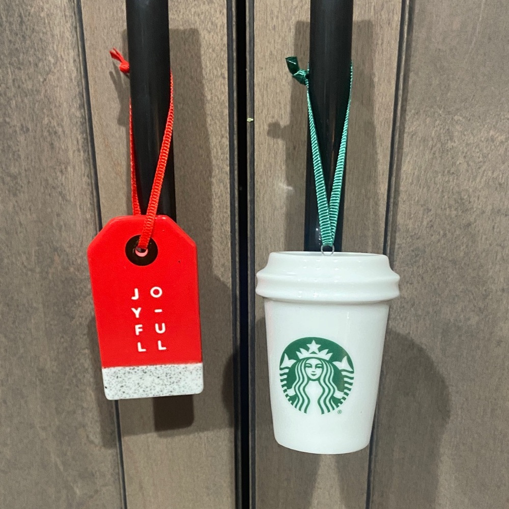 Starbucks Red and White Ceramic Tag and Logo Coffee Cup Ornaments Lot of 2